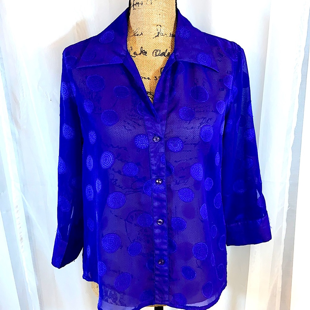 Dana Gibson Sheer Retro Blue Polka Dot Button Down Top M